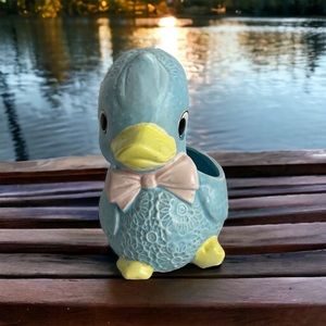 Vintage Japan Handpainted Ceramic Duck Blue Planter Yellow Walls Embossed
